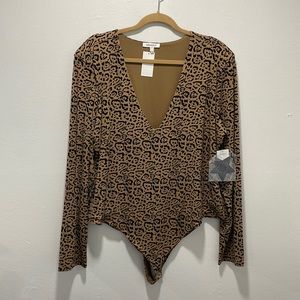 Good American Carmel Leopard Low Down Deep V Body Suit